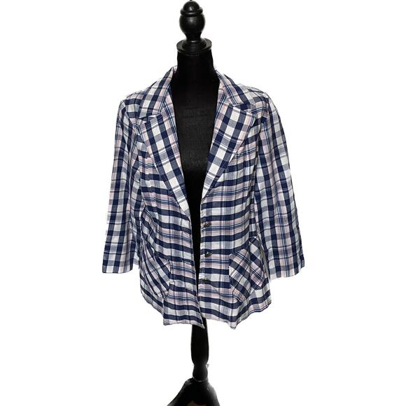 Avon Family Fashions Plaid Linen Open Jacket VTG Button Up Pink & Blue Cottage - Picture 2 of 11